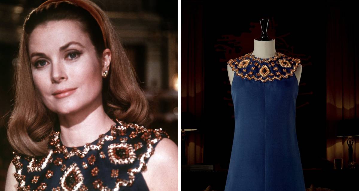 Grace Kelly, en un retrato oficial con un vestido de Dior; a la izquierda, el vestido expuesto en el museo de la casa de moda.