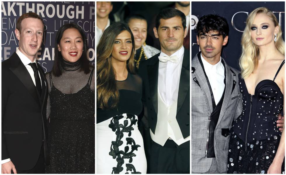 De izquierda a derecha: Mark Zuckerberg y Priscilla Chan; Sara Carbonero e Iker Casillas; y Joe Jonas y Sophie Turner.
