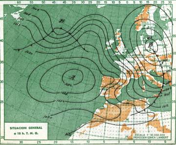 Boletín del Servicio Meteorológico Nacional (SMN, actual Aemet) con el mapa isobárico del 5 de abril de 1962, día en el que se observó en Igueldo una racha de viento de 137 km.hora.