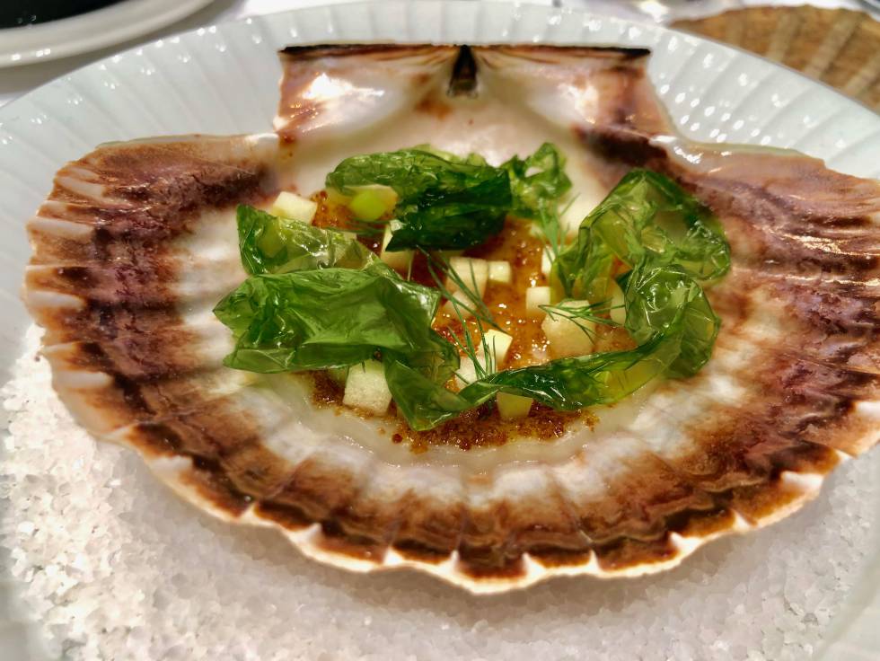 Vieira con pan de centeno, algas y hierbas aromáticas. Primer plato del equipo danés, ganador del encuentro