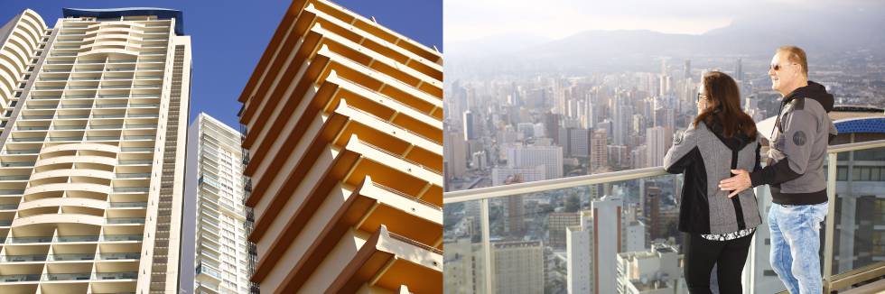 Verónica y Ludwig Grigoras, en su casa, en el piso 36 de la Torre Lúgano, a 158 metros, el edificio residencial más alto de España. Son un par de hombres de negocios de California y llevan años atrás de su lugar ideal, con vistas al sol y al mar.
