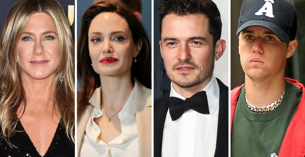 De izquierda a derecha, Jennifer Aniston, Angelina Jolie, Orlando Bloom y Justin Bieber.
