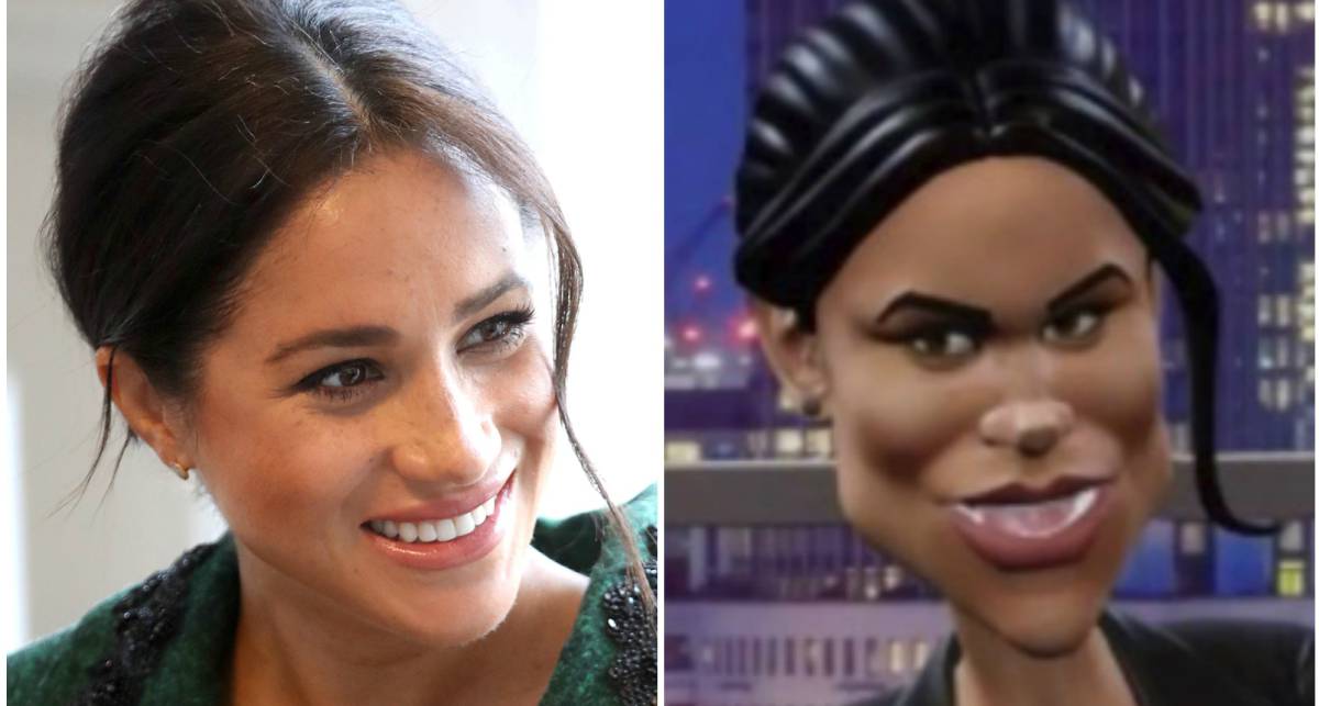 Meghan Markle, el pasado marzo en Londres, y a la derecha, la imagen parodiada de la duquesa.