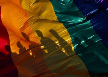 La sombra de unos participantes en una marcha del Orgullo LGTBQ en Managua se refleja sobre la bandera del arco iris, símbolo de la causa.
