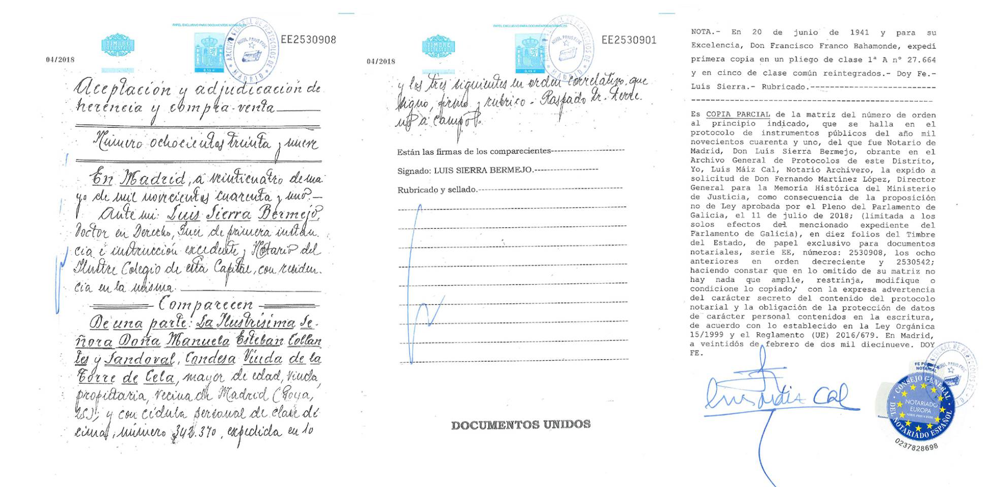 Documento de herencia y compra-venta, Francisco Franco.