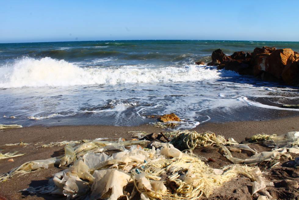 Restos de plástico en la playa de la albufera de Adra (El Ejido) este mes de julio.