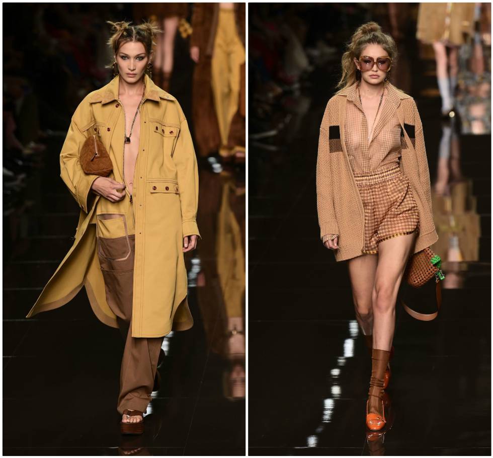 Las hermanas Gigi y Bella Hadid desfilan para Fendi, en la Semana de la Moda de Milán, este jueves.
