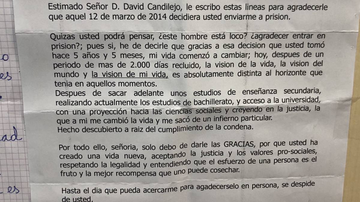 Carta de agradecimiento de un reo al juez.