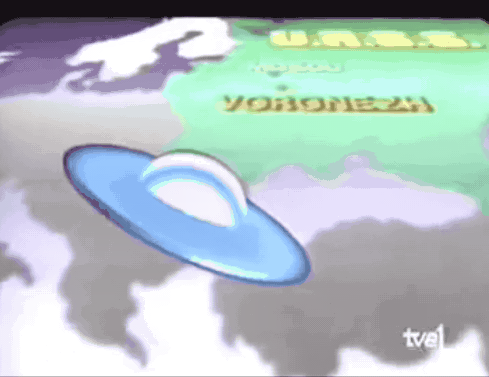 Animación del Ovni, del Telediario de TVE1 del mediodía del 9 de octubre de 1989. El segmento puede verse completo en Youtube .