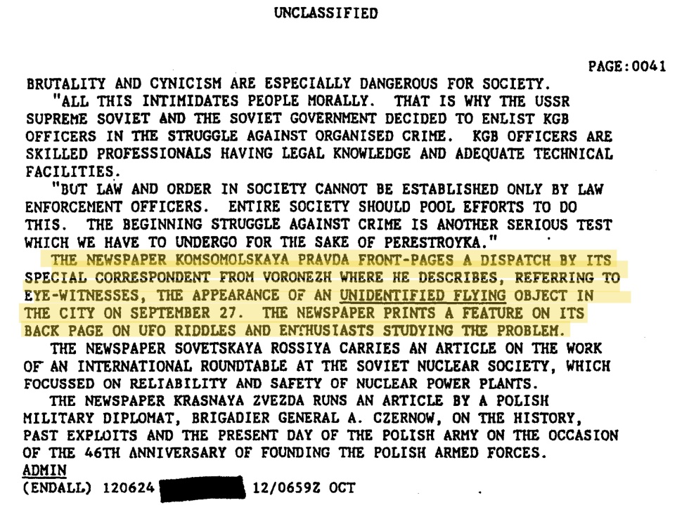 Un fragmento del documento de la CIA desclasificado donde se hace referencia a la historia de Voronezh en la prensa rusa. El documento puede consultarse en la web de la agencia .