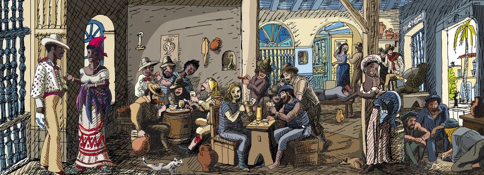 Una taberna habanera del siglo XVIII, que muestra el ambiente portuario de la ciudad, y la playa de Marianao en la década de 1950.