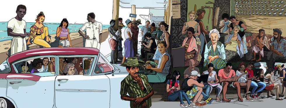 Muestra el mestizaje étnico y cultural de La Habana, donde el color de la piel cubre todas las tonalidades posibles.