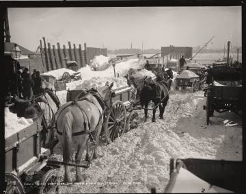 Carros cargados de nieve después de la gran nevada que cayó en el invierno de 1888 en Nueva York.