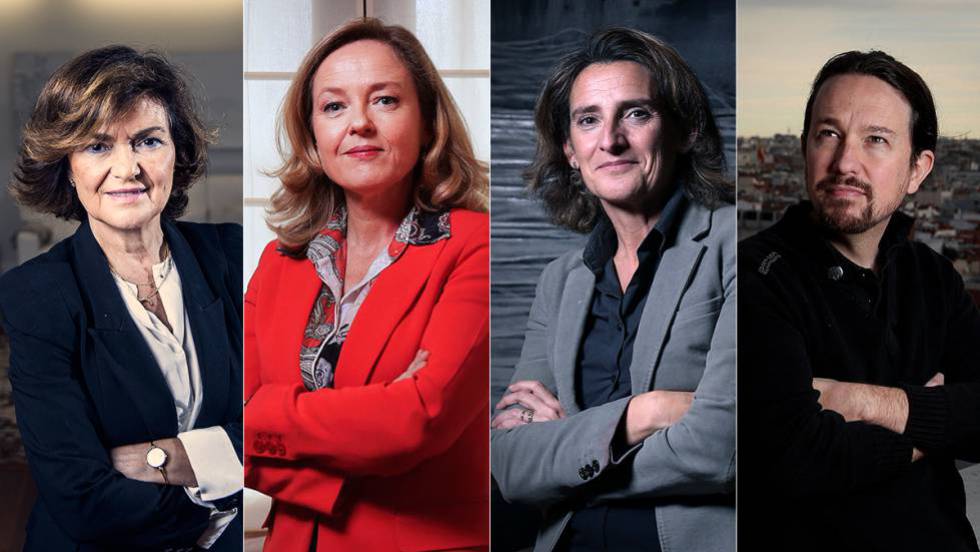 (l-r) Carmen Calvo, Nadia Calviño, Teresa Ribera and Pablo Iglesias.