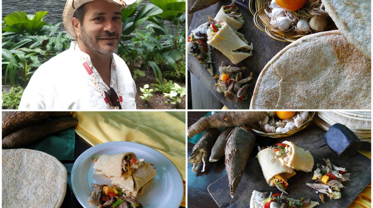 Arriba, El físico e historiador bayames Domingo Cuza, defensor del casabe y participante en el encuentro Cuba Sabe. En las otras imágenes, yuca brava, tortas de casabe y platos elaborados con este alimento indotaíno.