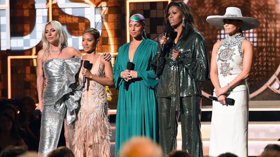Lady Gaga, Jada Pinkett Smith, Alicia Keys, Michelle Obama y Jennifer Lopez en los premios Grammy 2019. rn