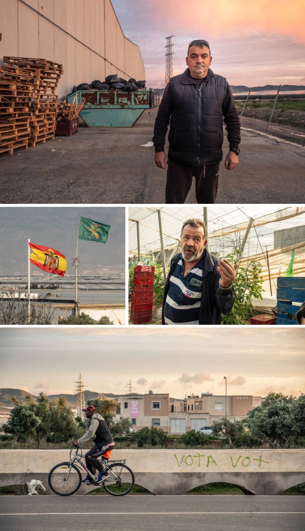 De arriba abajo, José Salazar, camionero de 42 años en Níjar (Almería); una bandera franquista junto a otra de la guardia civil entre los invernaderos de El Ejido (Almería) y Juan Plaza, dueño de las banderas, en su pequeño invernadero de tomates cherry; debajo, una persona en bicicleta en Níjar. En esta localidad agrícola hay un 41% de inmigración, y las bicicletas son el transporte habitual de los extranjeros que trabajan en el campo.