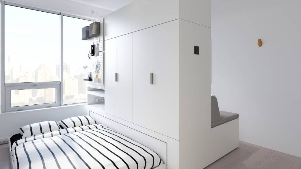 De noche, el mismo mueble Rognan convierte la pieza en un dormitorio