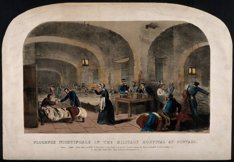 Litografía de Florence Nightingale en el hospital militar en la guerra de Crimea.