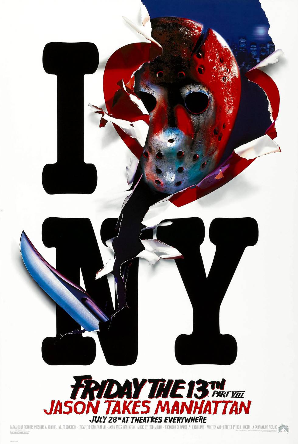 En la octava entrega de la saga, el asesino Jason Vorhees recalaba en Nueva York. Paramount aprovechó para crear este curioso cartel en el que Jason destroza el célebre cartel de