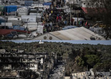 El antes y después del incendio en el campo refugiados de Moria