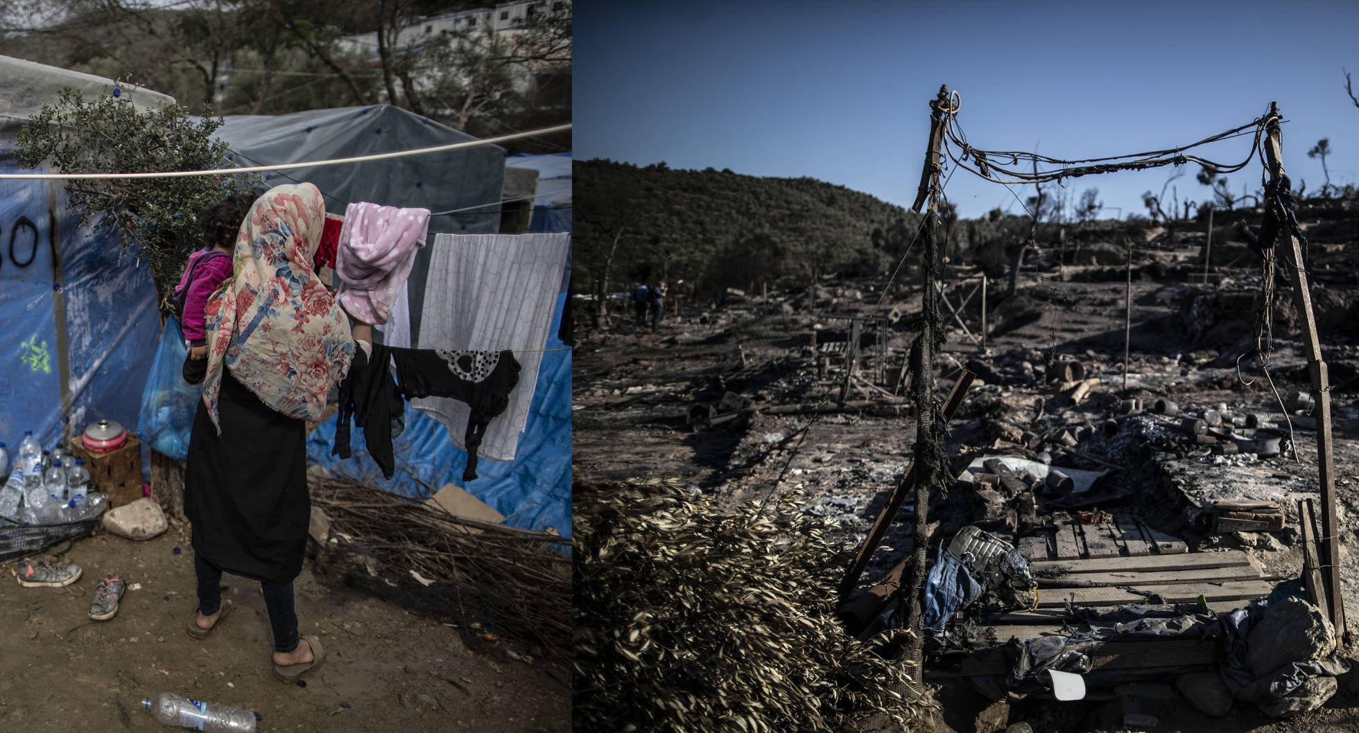 Campo de refugiados de Moira, em março do 2020 e na atualidade.