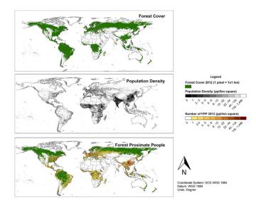 Mapa que muestra la superficie de bosque en el mundo ocupada por seres hurmanos. En la primera figura se muestra la superficie forestal en el planeta; en el segundo, la densidad de población y en el tercero, las personas que viven cerca de bosques.