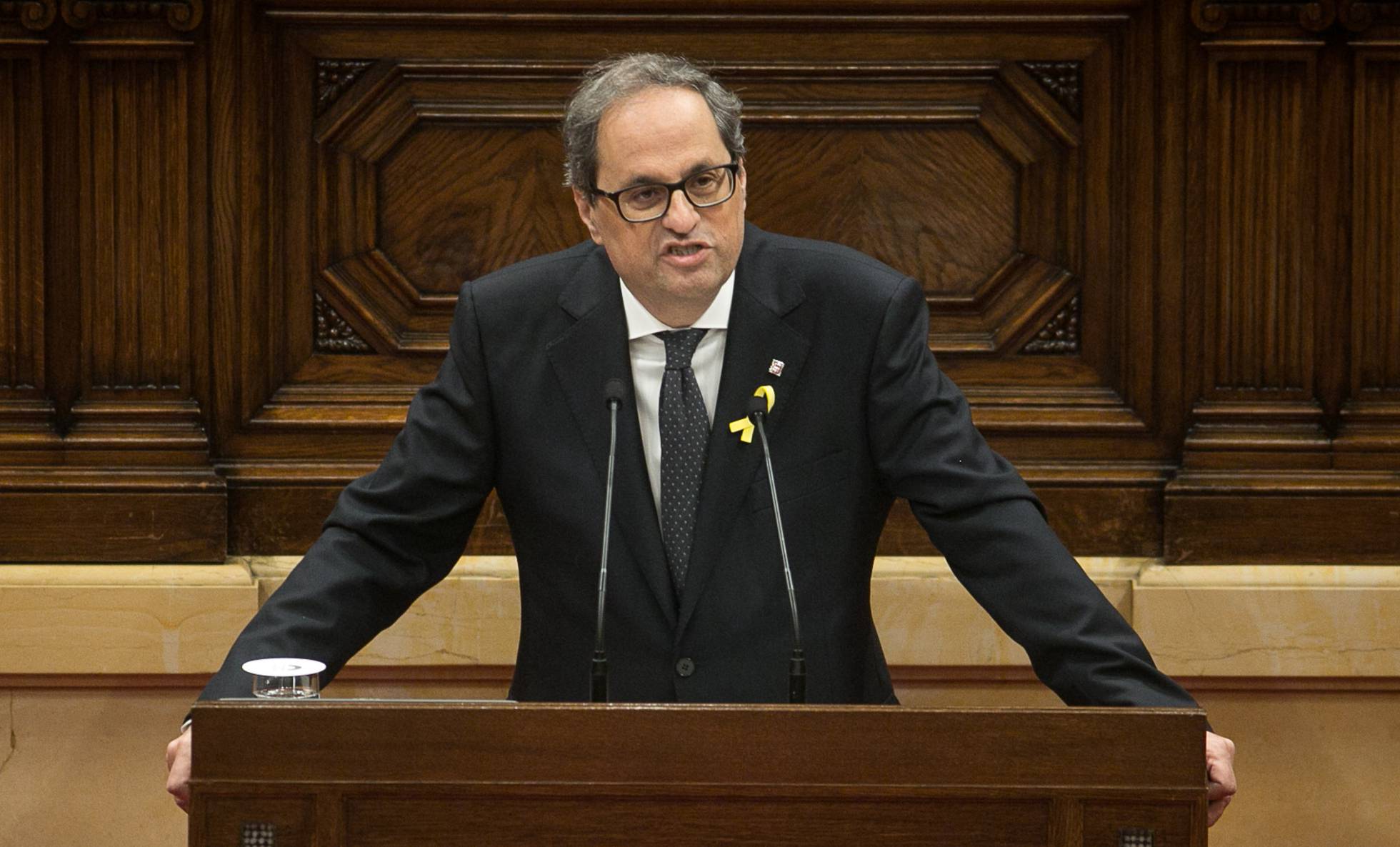QuimTorra durante su discurso en la segunda vuelta del pleno de investidura el 14 de mayo de 2018 en el Parlament de Catalunya.