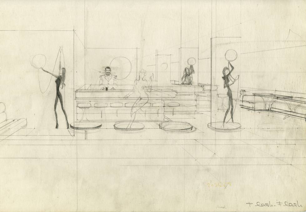 Boceto de 1969 con el diseño del restaurante Flash Flash de Barcelona.