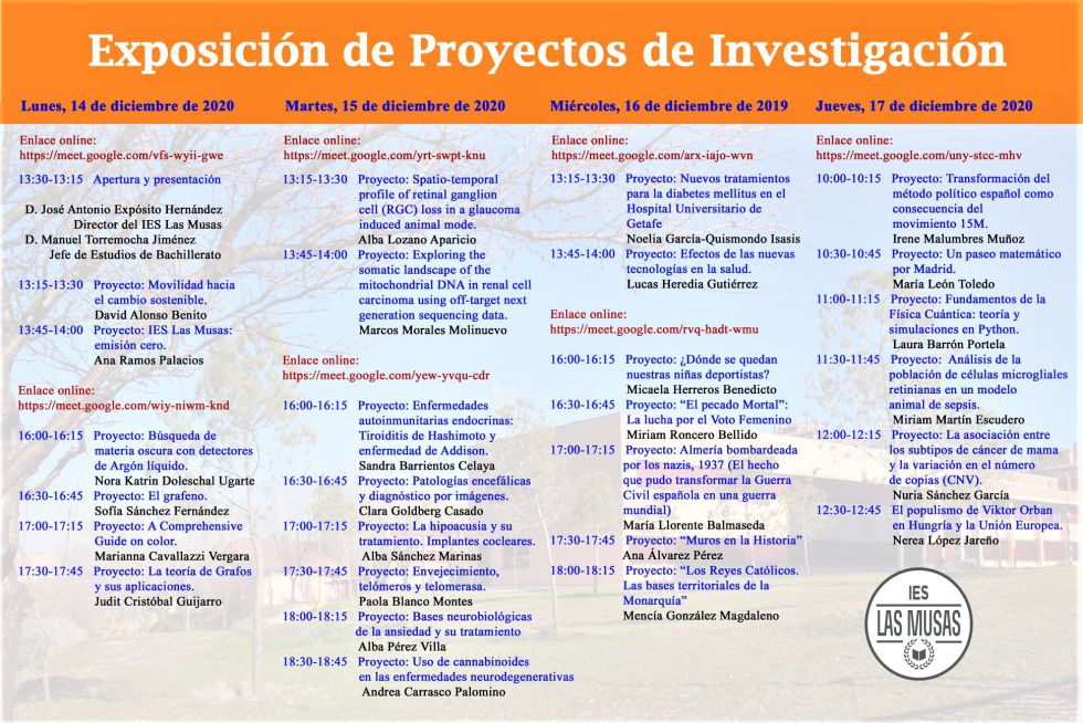 Planificación de las sesiones de la semana de exposiciones de proyectos de investigación, donde se facilitan las url de acceso y participación online |
