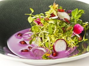 Aguachile de pamplinas y escarola con flores de cultivo.