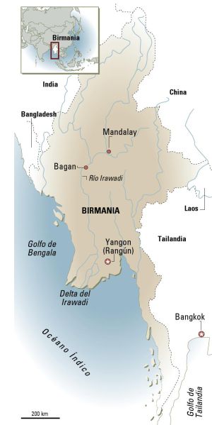 Mapa de Myanmar, la antigua Birmania.