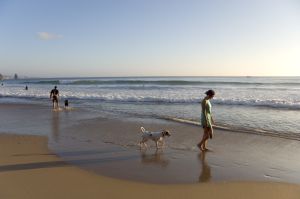 Mujer con su perro a orillas del Atlántico en la playa de Arrifana.
