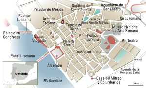 Vuelo de cigüeñas sobre las ruinas de Mérida