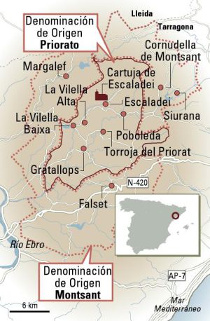 Mapa del Priorat, en Tarragona (Cataluña).