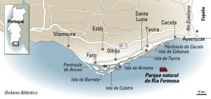 Mapa de la ría Formosa (Portugal).