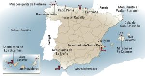 Mapa de los acantilados de España.