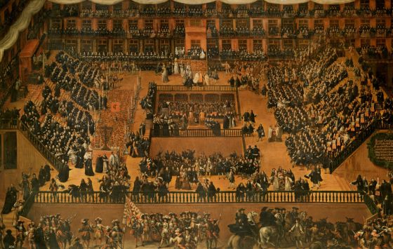 Pintura de Rizi que ilustra un auto de fe en la Plaza Mayor de Madrid.