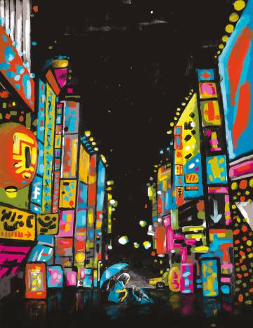 Noche lluviosa en el distrito de Shinjuku de Tokio, obra de Luis Mendo.