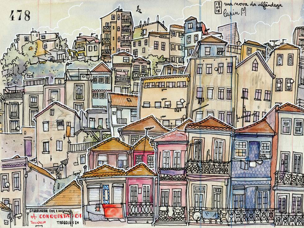 La visión del ilustrador Lapin de la Rua Nova da Alfândega de Oporto, frente al río Duero.