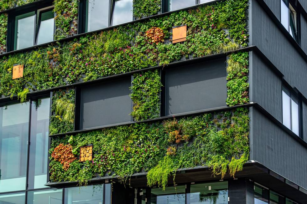 Detalle de la fachada vegetal de la universidad politécnica especializada en horticultura.