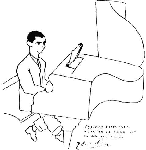Ilustración de Lorca, hombre tocando un piano