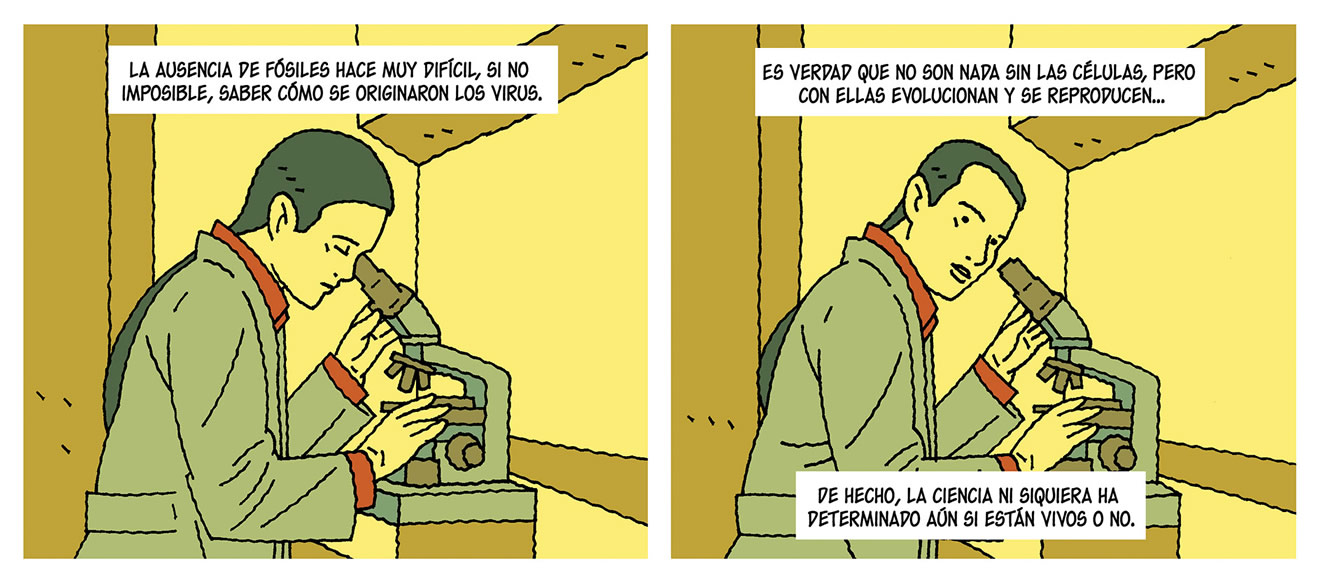 Diálogos de las viñetas: La ausencia de fósiles hace muy difícl, si no imposible, saber cómo se originaron los virus. Es verdad que no son nada sin las células, pero con ellas evolucionan y se reproducen... De hecho, la ciencia ni siquiera ha determinado aún si están vivos o no.