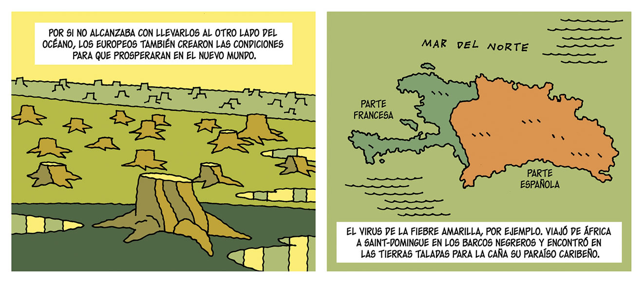 Diálogos de las viñetas: Por si no alcanzaba con llevarlos al otro lado del océano, los europeos también crearon las condiciones para que prosperaran en el nuevo mundo. El virus de la fiebre amarilla, por ejemplo. Viajó de África a Saint-Domingue en los barcos negreros y encontró en las tierras taladas para la caña su paraíso caribeño.
