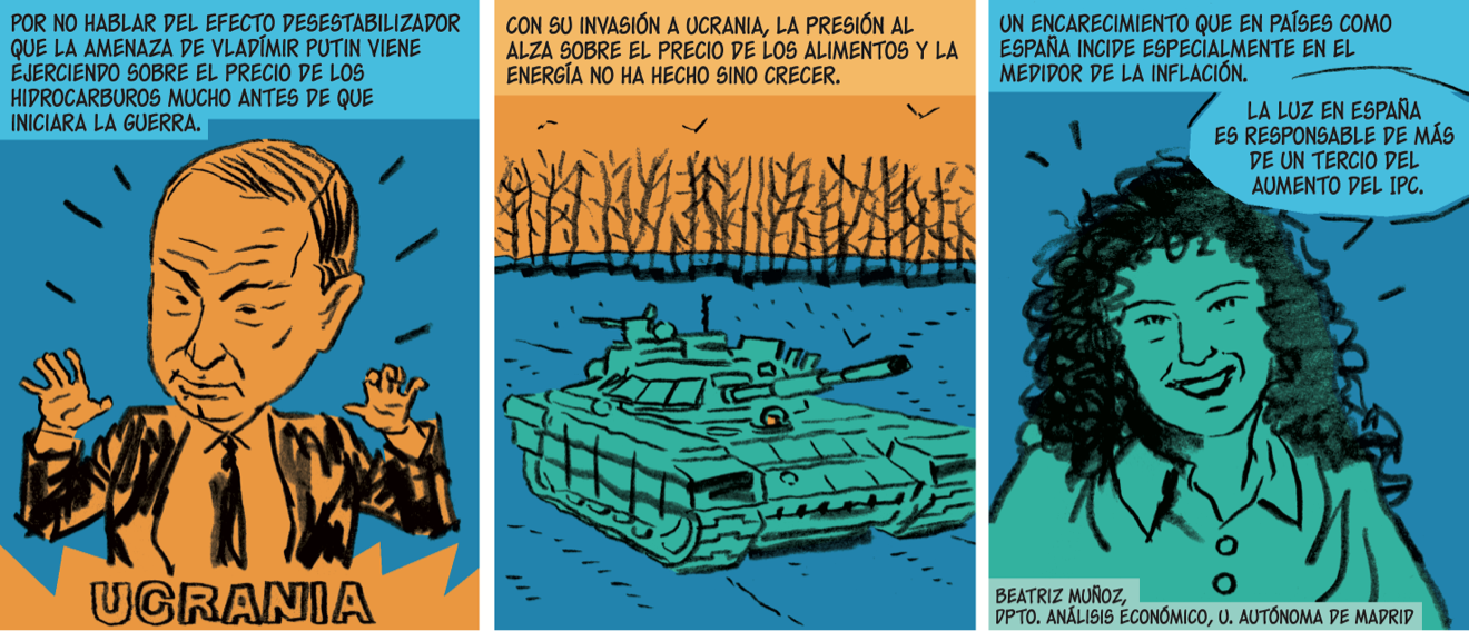 Diálogos de las viñetas: Nuestra primera intervención fue crear, con el sedentarismo y la agricultura, las condiciones ideales para facilitar el salto entre especies. Los virus registran mutaciones constantemente, pero en su mayoría son tan incapaces de introducirse en células de otra especie como el virus original.