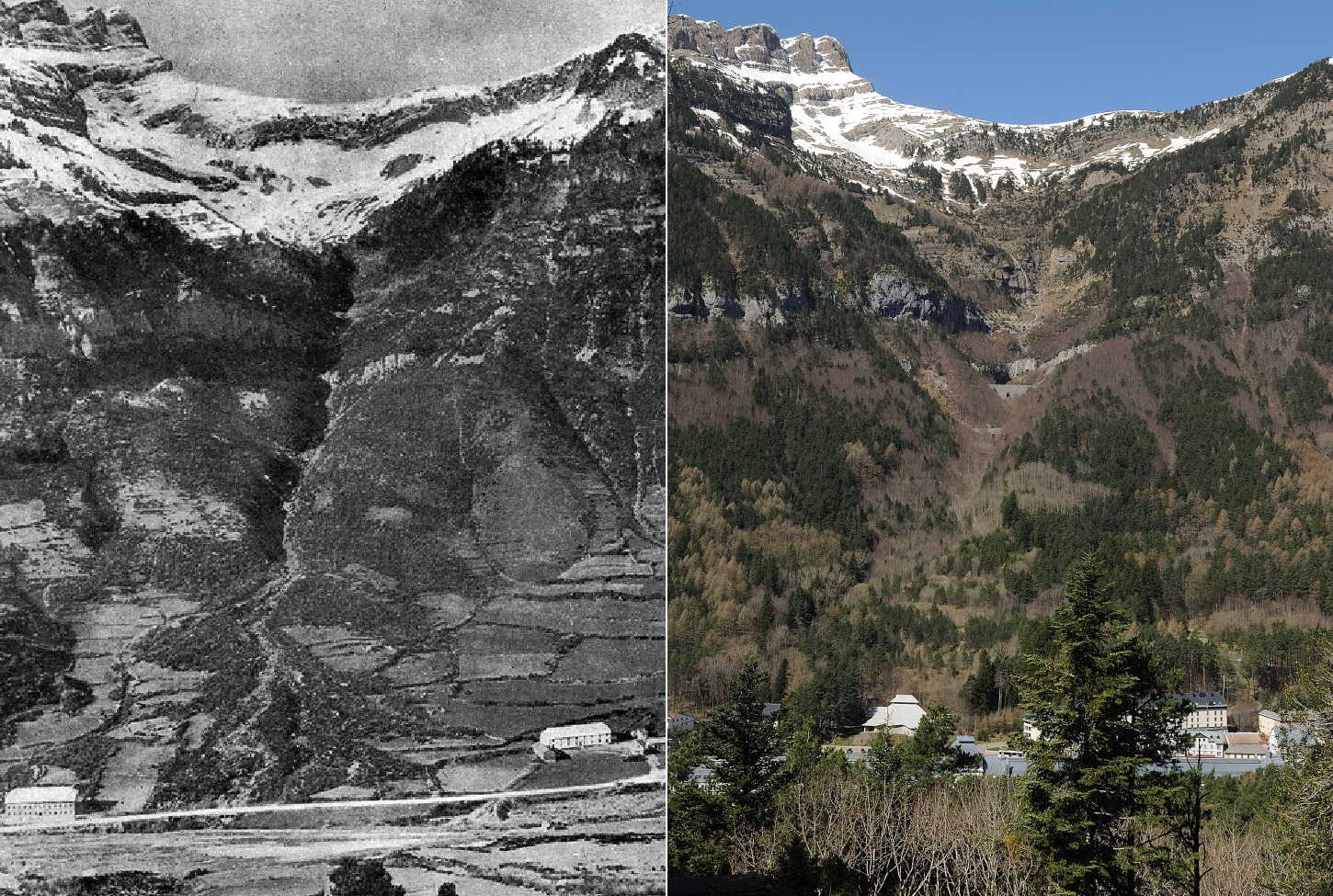 El barranco de Estiviellas antes de la reforestación, en torno a 1907, y ahora en 2025. Autores: Benito Ayerbe / Clemente Álvarez