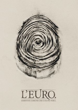 Imagen de campaña de la agencia italiana DLV-BBDO, El euro: la identidad común que nos hace más fuertes.
