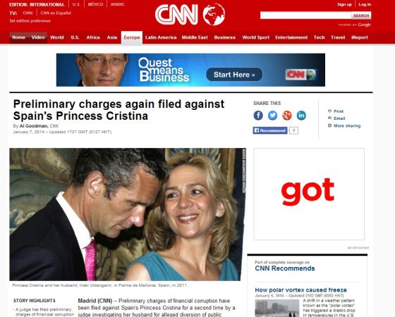 La imputación de la infanta Cristina en la prensa mundial