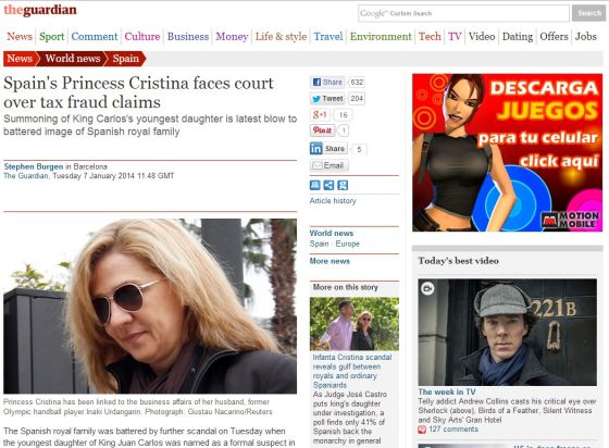La imputación de la infanta Cristina en la prensa mundial