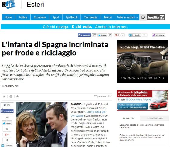 La imputación de la infanta Cristina en la prensa mundial
